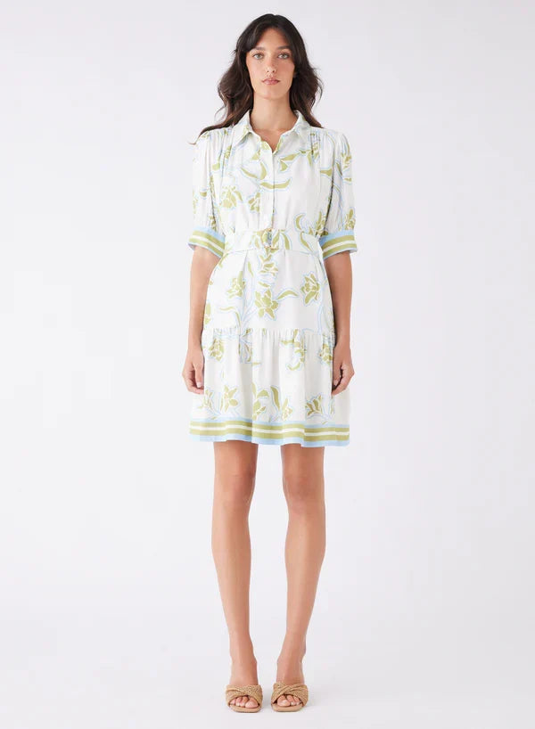 model wears a light blue and green floral dress