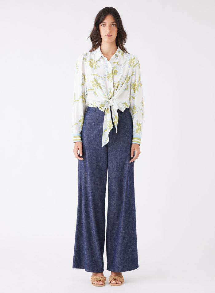 Tranquility Olive Floral Front Tie LS Shirt