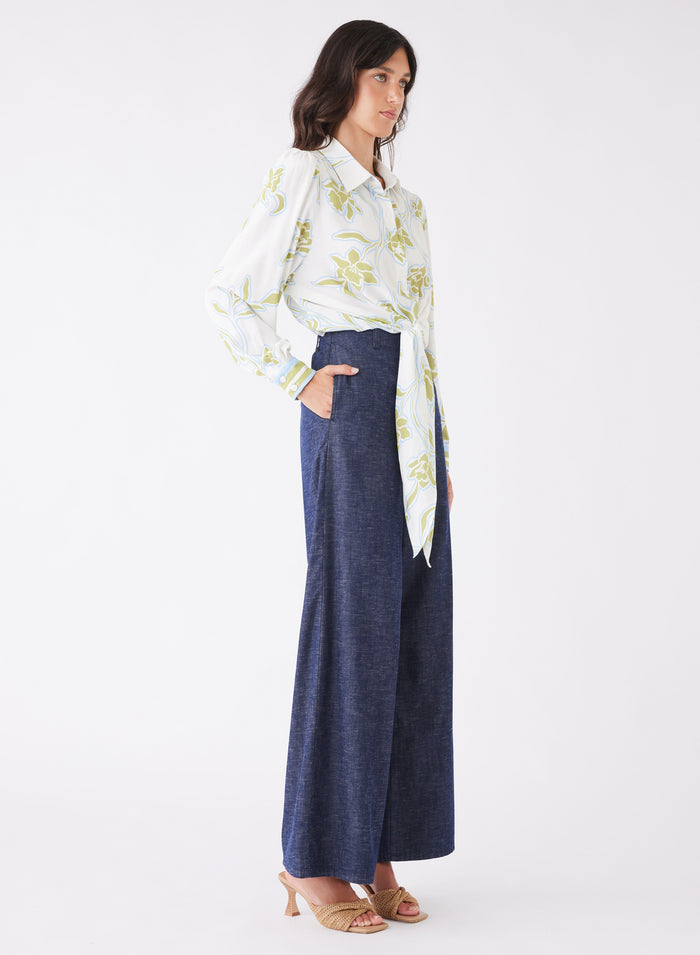 Tranquility Olive Floral Front Tie LS Shirt