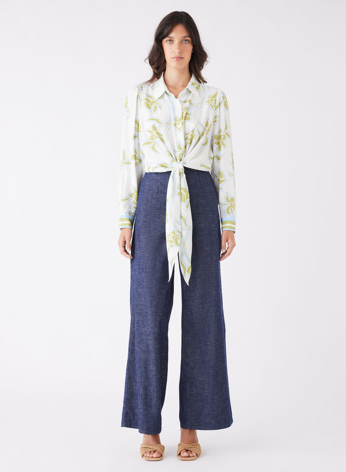 Tranquility Olive Floral Front Tie LS Shirt