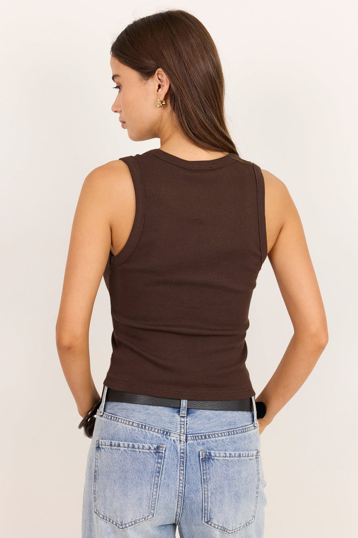 A woman shown from the back wearing a fitted sleeveless brown ribbed tank top and light blue jeans against a plain light background.
col_pattern