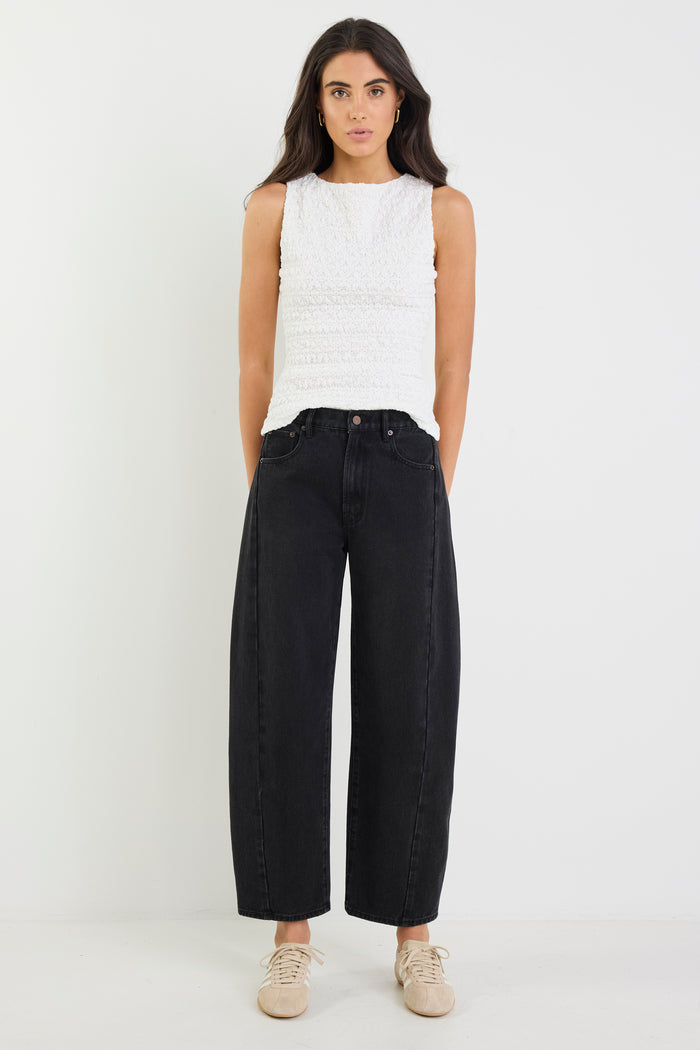 Varsity Black Wash Forward Seam Barrel Jeans