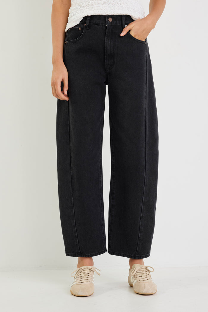 Varsity Black Wash Forward Seam Barrel Jeans