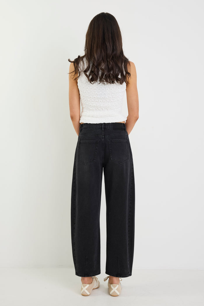 Varsity Black Wash Forward Seam Barrel Jeans