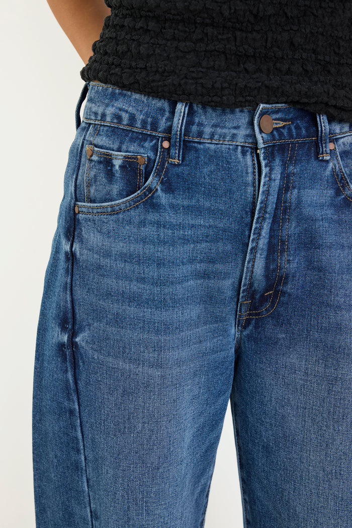 Varsity Deep Blue Forward Seam Barrel Jeans