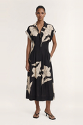 Veda Black Cream Floral Cap Sleeve Midi Dress