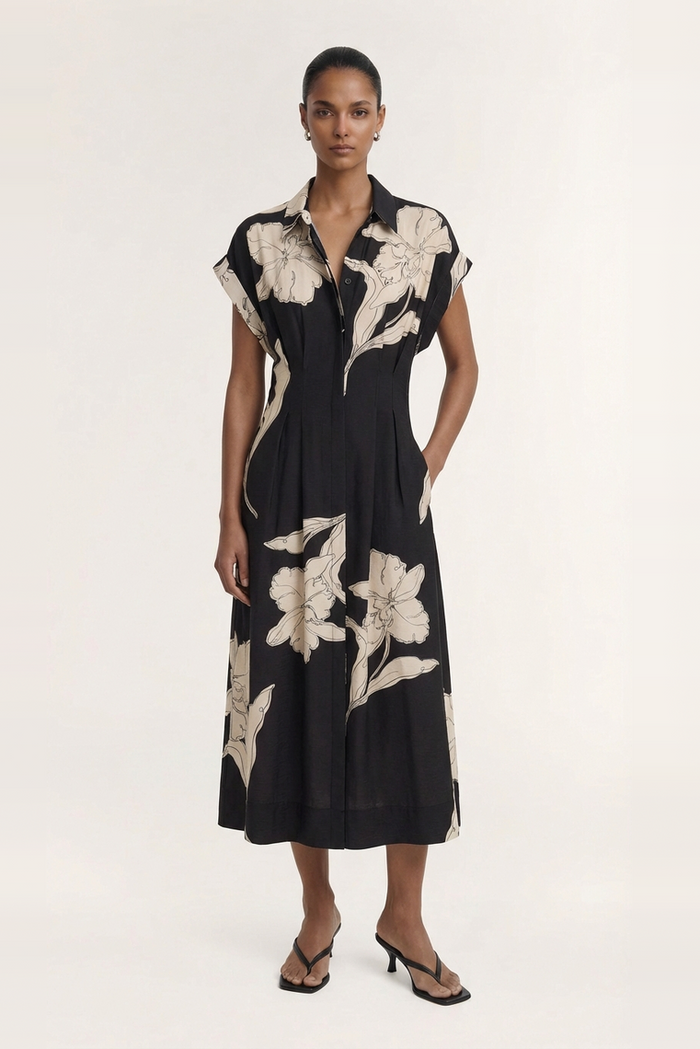 Veda Black Cream Floral Cap Sleeve Midi Dress
