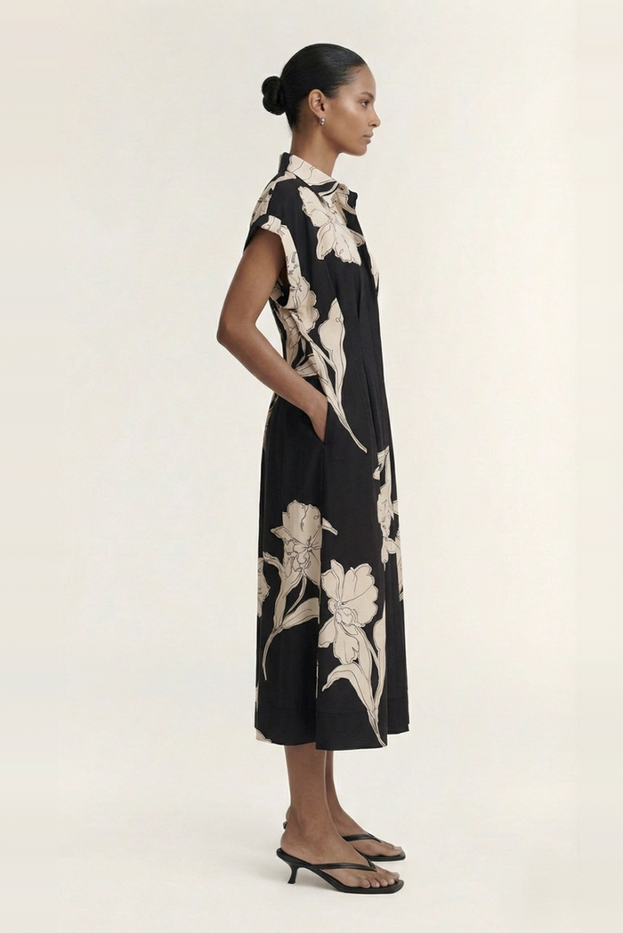 Veda Black Cream Floral Cap Sleeve Midi Dress