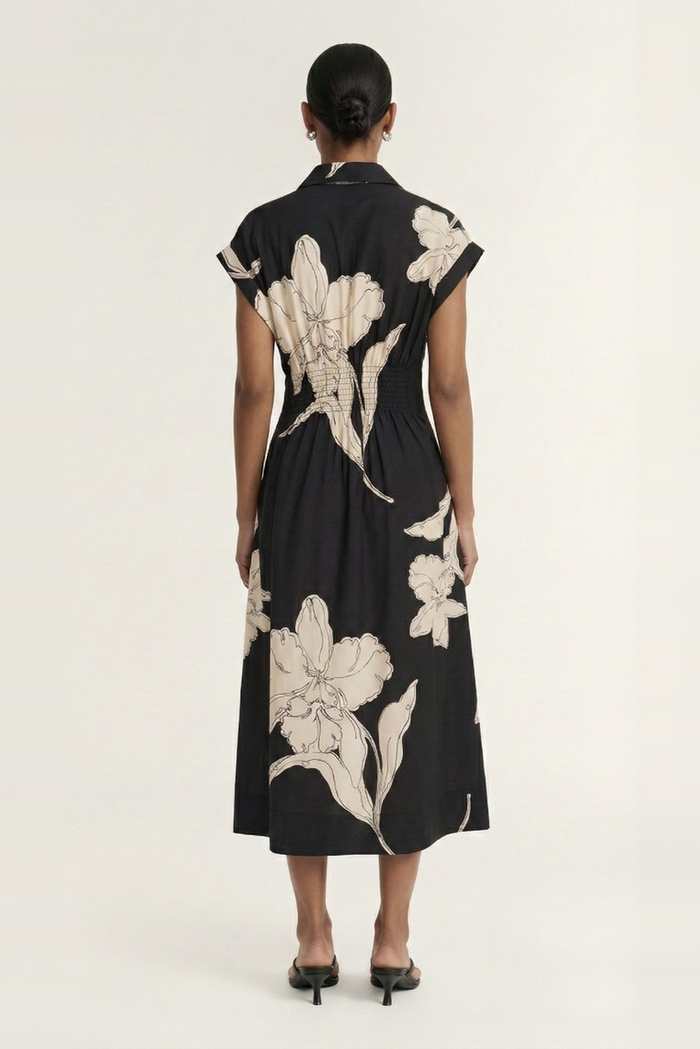 Veda Black Cream Floral Cap Sleeve Midi Dress