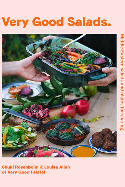 Book cover of 'Very Good Salads' with a focus on salads and plates, featuring hands holding a dish.