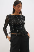 Vesper Black Polka Dot Side Gather Mesh LS Top