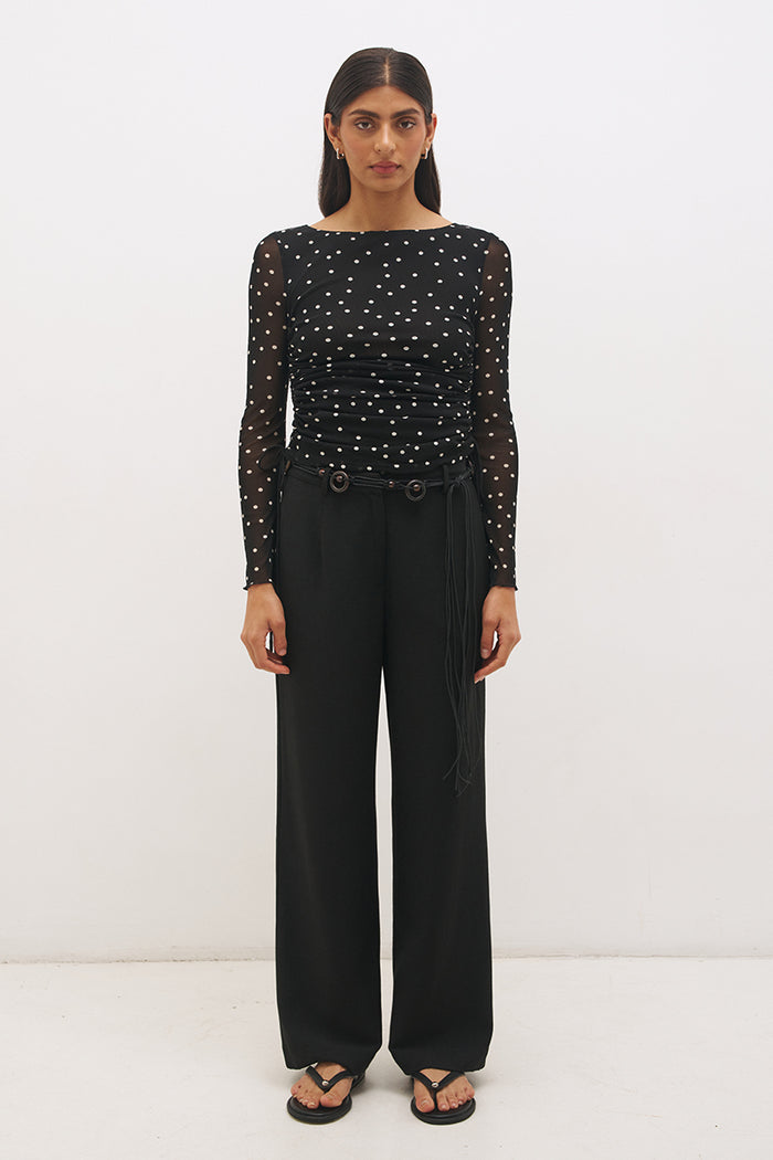 Vesper Black Polka Dot Side Gather Mesh LS Top