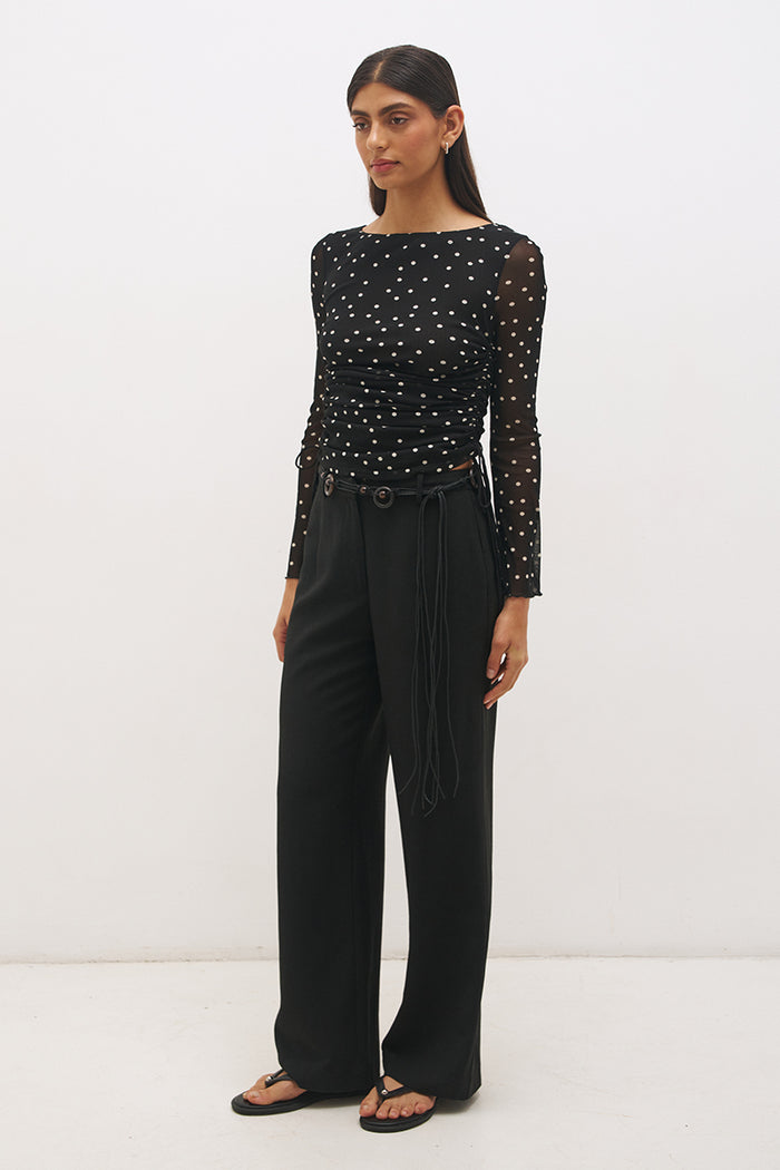 Vesper Black Polka Dot Side Gather Mesh LS Top