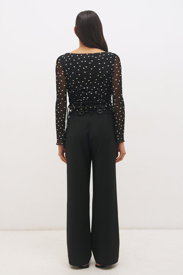 Vesper Black Polka Dot Side Gather Mesh LS Top