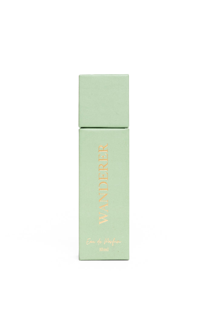 Mint green cosmetic box with brand name on a white background
