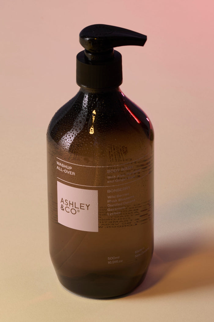 Brown bottle with pump and sponge on a gradient background