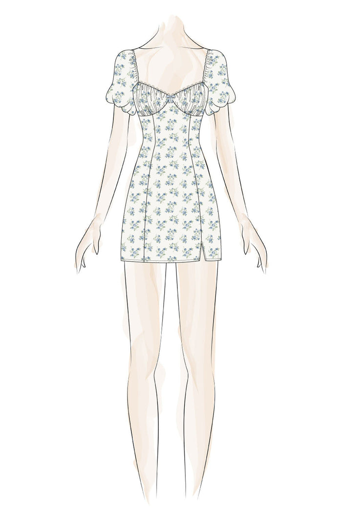 White Blue Floral Puff Sleeve Bodycon Dress