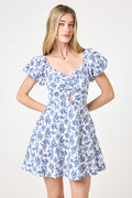 White Blue Floral Puff Sleeve Twist Keyhole Dress
