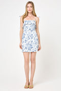 White Blue Floral Tie Shoulder Bodycon Dress