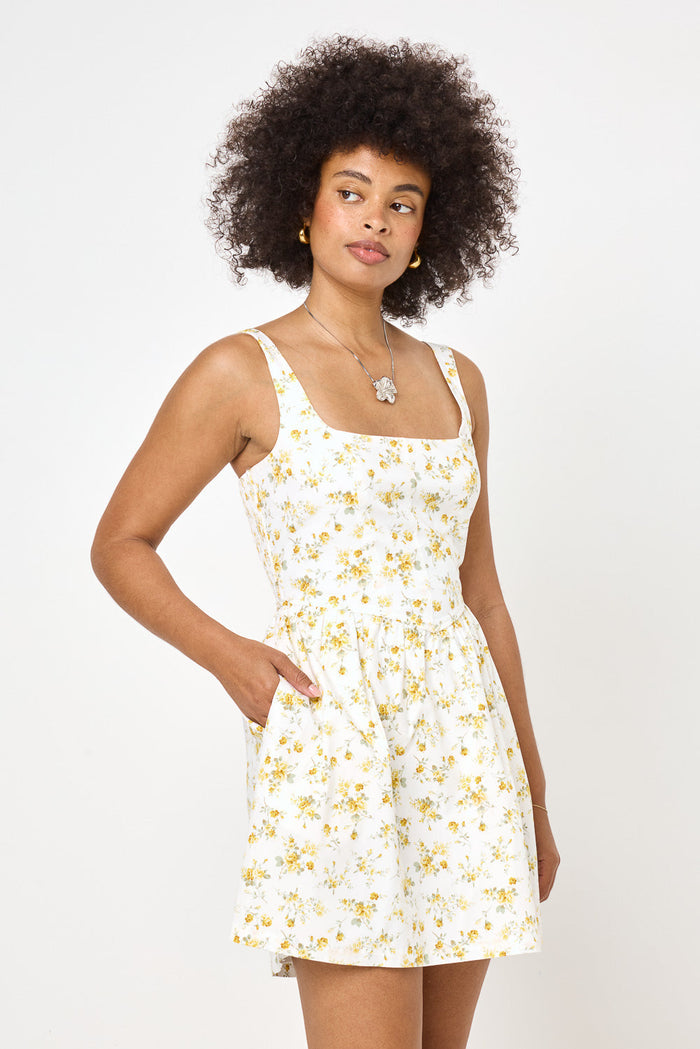 White Yellow Floral Corset A-line Dress