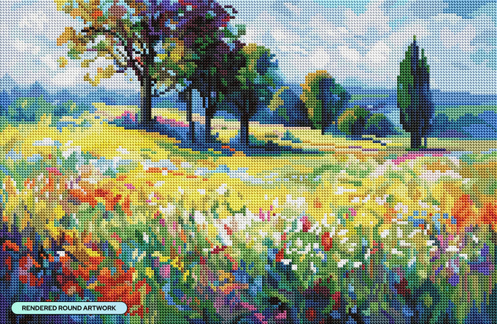 Diamond Painting Wildflower Field with Trees in the Summer Countryside 20" x 13" (50.6cm x 33cm) / Round with 83 Colors including 3 ABs and 6 Fairy Dust Diamonds / 22,080