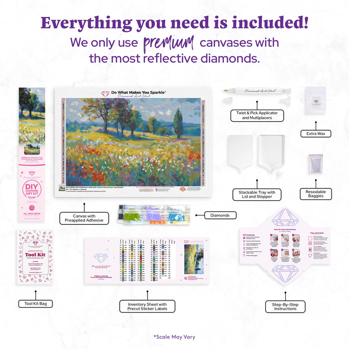 Diamond Painting Wildflower Field with Trees in the Summer Countryside 20" x 13" (50.6cm x 33cm) / Round with 83 Colors including 3 ABs and 6 Fairy Dust Diamonds / 22,080