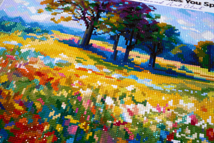 Diamond Painting Wildflower Field with Trees in the Summer Countryside 20" x 13" (50.6cm x 33cm) / Round with 83 Colors including 3 ABs and 6 Fairy Dust Diamonds / 22,080