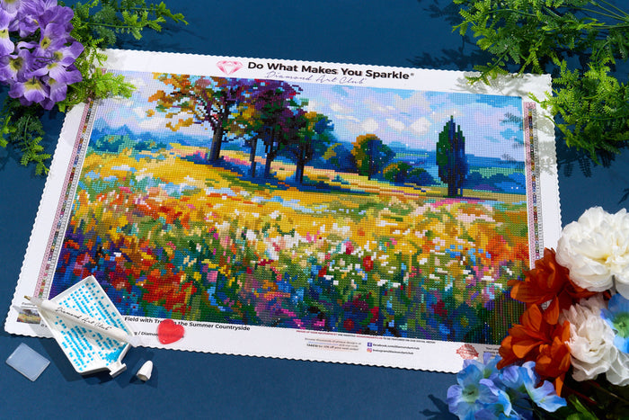 Diamond Painting Wildflower Field with Trees in the Summer Countryside 20" x 13" (50.6cm x 33cm) / Round with 83 Colors including 3 ABs and 6 Fairy Dust Diamonds / 22,080