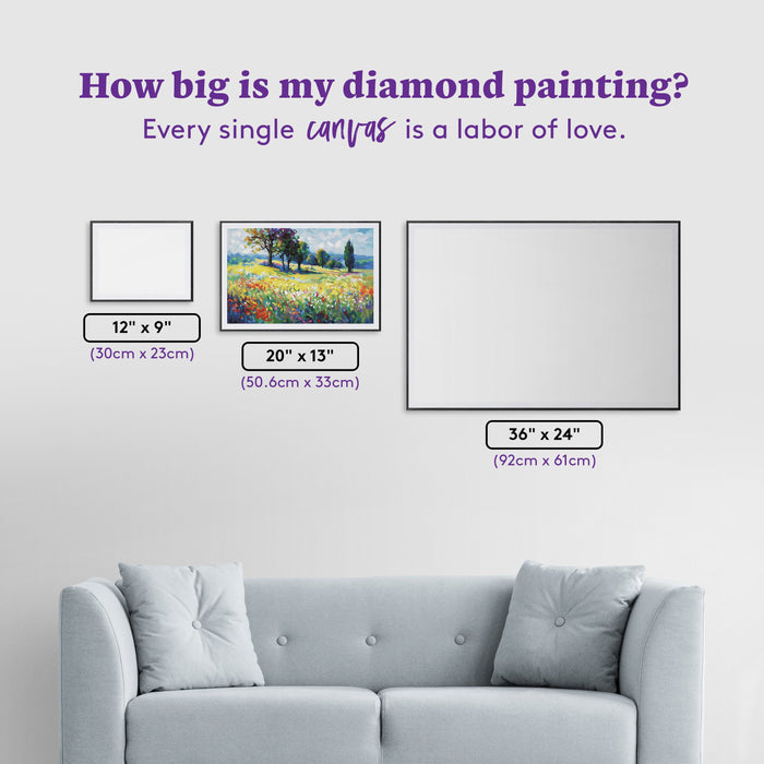 Diamond Painting Wildflower Field with Trees in the Summer Countryside 20" x 13" (50.6cm x 33cm) / Round with 83 Colors including 3 ABs and 6 Fairy Dust Diamonds / 22,080