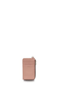 A slim, vertical pink leather card holder wallet with a top zipper and a small gold-tone logo plate reading 'LUXE', shown on a plain white background.