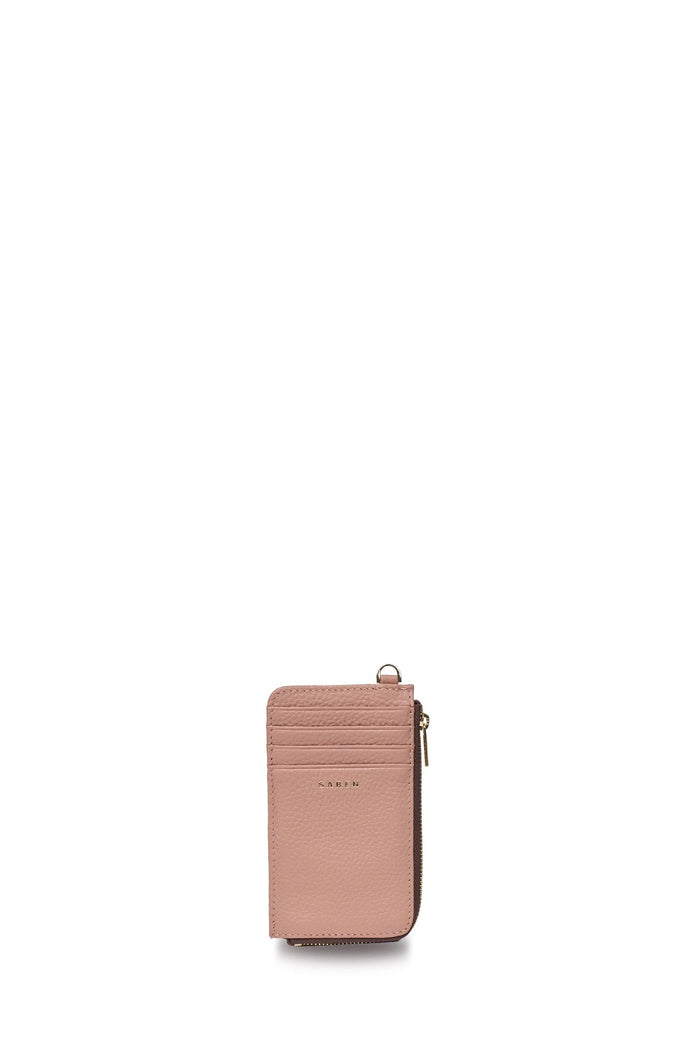 A slim, vertical pink leather card holder wallet with a top zipper and a small gold-tone logo plate reading 'LUXE', shown on a plain white background.