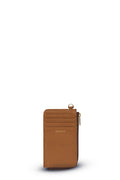 Brown leather phone case with a gold zipper on a white background