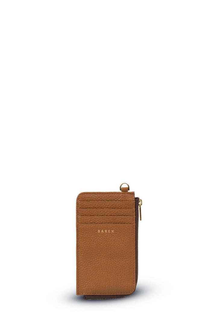 Brown leather phone case with a gold zipper on a white background