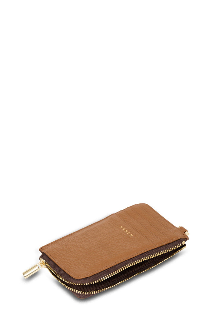Brown wallet with gold zipper on a white background
