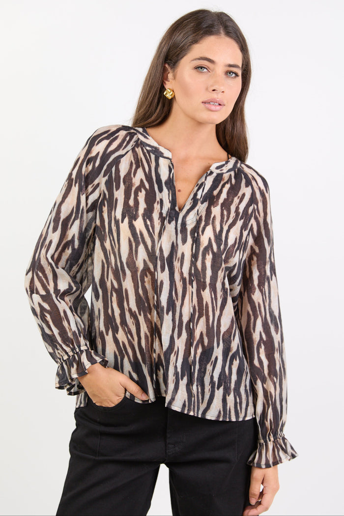 Woodland Black Zebra Tie Neck Flounce Long Sleeve Top