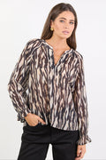 Woodland Black Zebra Tie Neck Flounce Long Sleeve Top