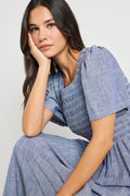 Wren Chambray Blue SS Shirred Bodice Midi Dress