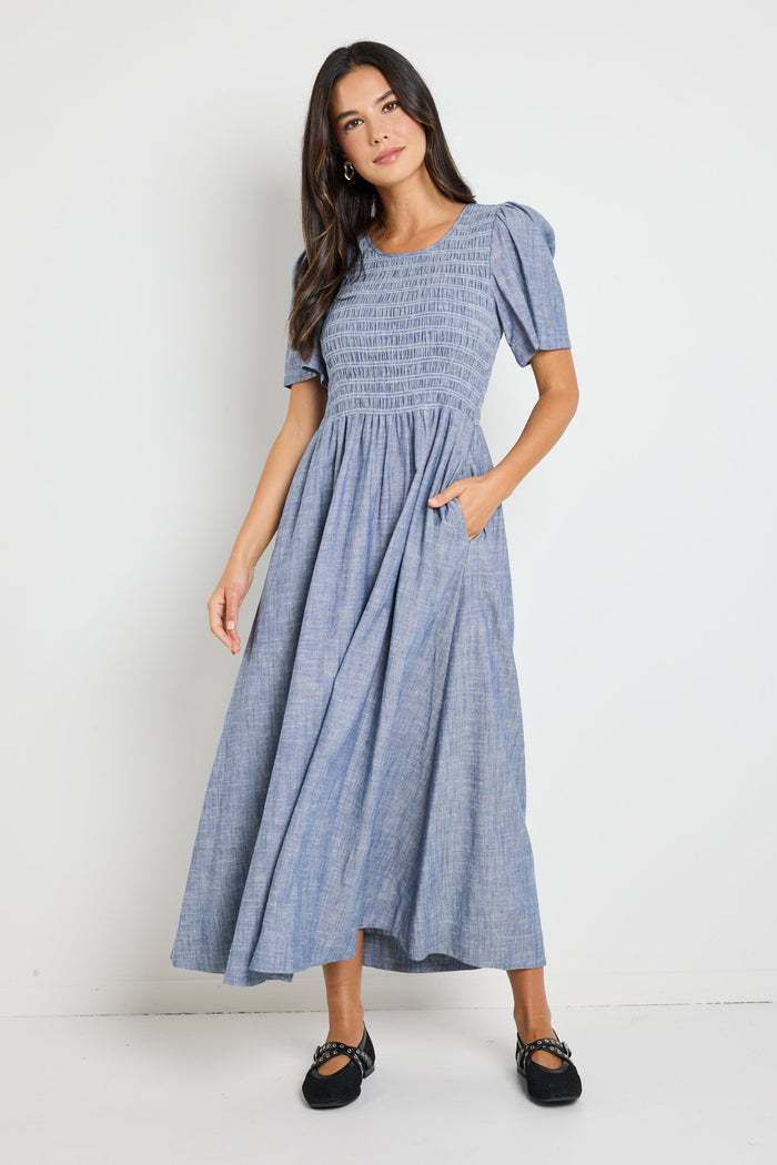 Wren Chambray Blue SS Shirred Bodice Midi Dress