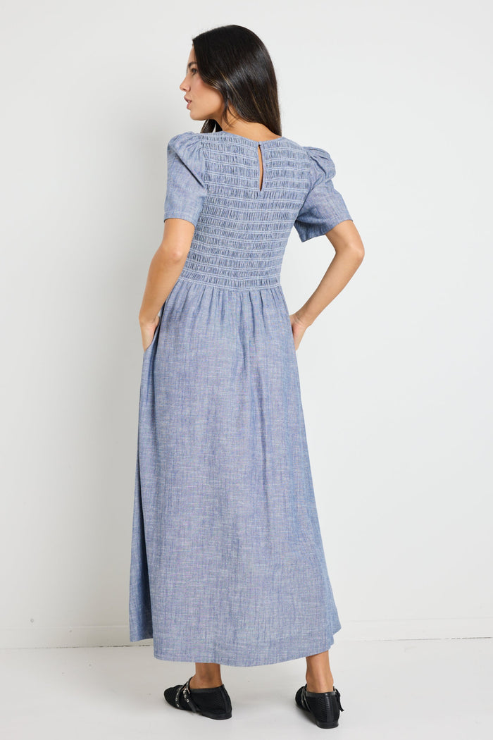 Wren Chambray Blue SS Shirred Bodice Midi Dress