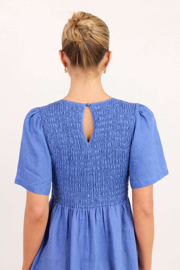 Wren Cornflower Blue Linen SS Shirred Bodice Midi Dress