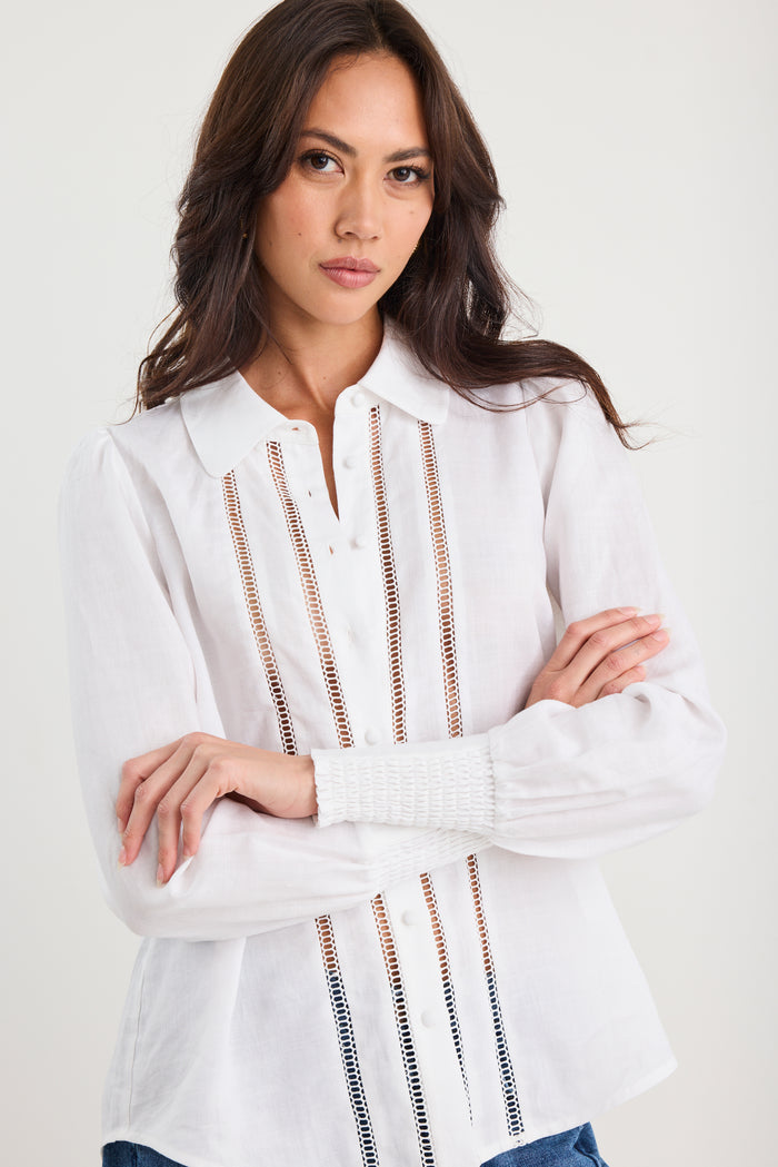 Zinnia White Ramie Lace Trim Long Sleeve Shirt