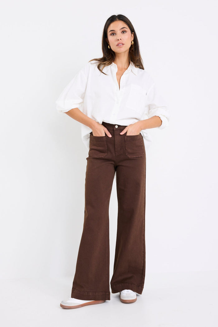 Zoey Chocolate High Rise Wide Leg Pocket Jean